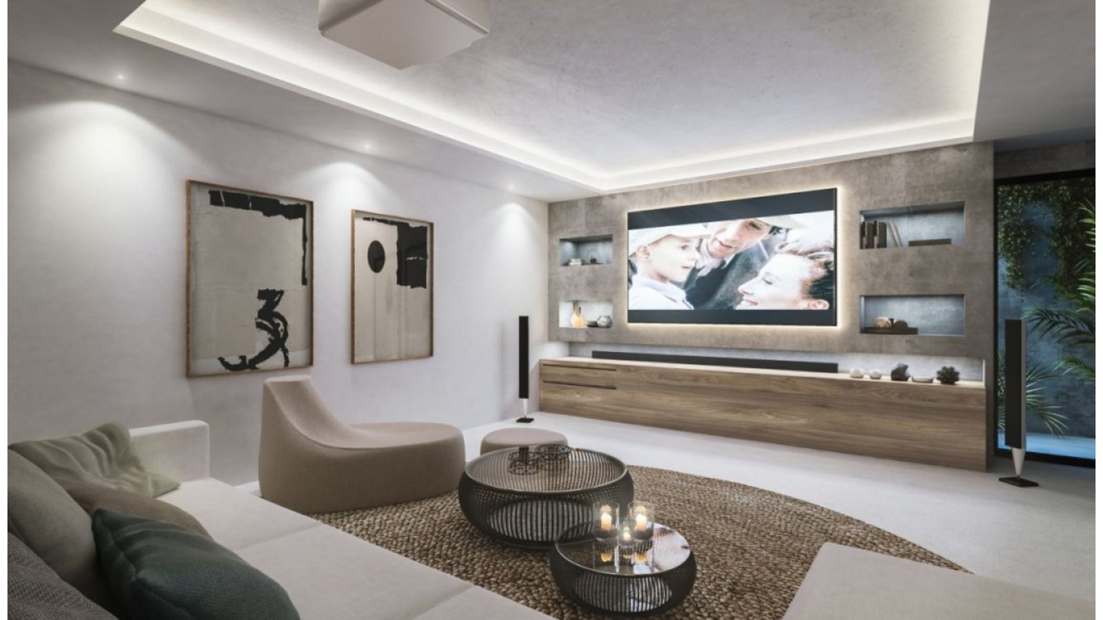 Luxuriöses Wohnzimmer in einer Villa mit modernem Design und Ambientebeleuchtung.