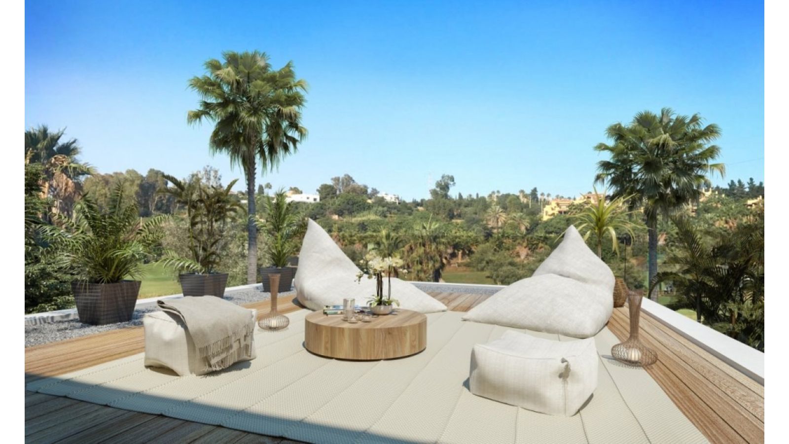 Luxuriöse Villa Terrasse mit Sitzsäcken und Aussicht