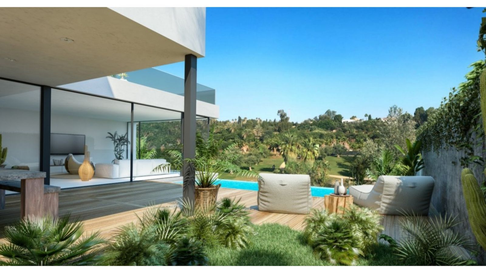 Luxusvillen-Terrasse mit Pool und Blick auf grüne Hügel